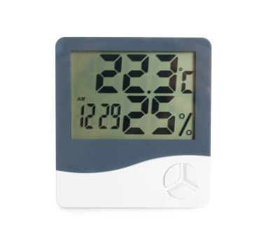 Beyaza izole edilmiş dijital higrometre. Meteorolojik araç