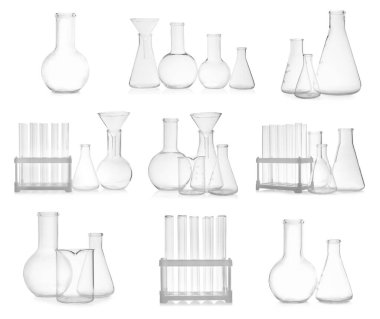 Beyaz arkaplanda farklı boş laboratuvar camları seti