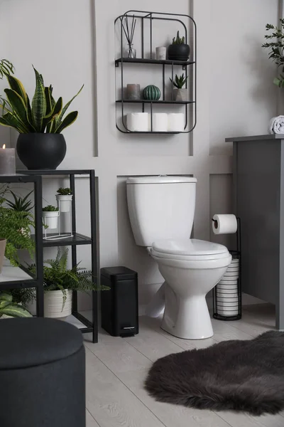 Interior Elegante Banheiro Com Vaso Sanitário Muitas Plantas Sala Bonitas — Fotografia de Stock