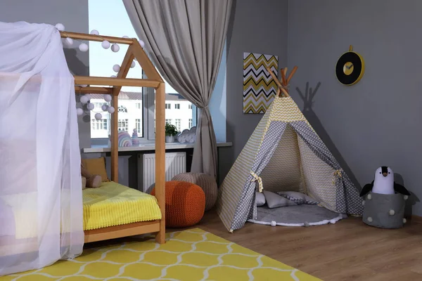 Stylish Child Room Interior Comfortable House Bed Play Tent — Stockfoto
