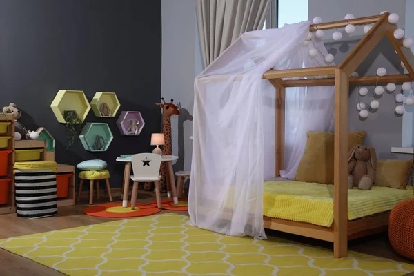 Stylish Child Room Interior Comfortable House Bed Toys — Fotografia de Stock