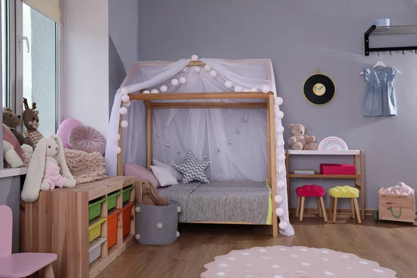 Stylish Child Room Interior Comfortable House Bed — Fotografia de Stock
