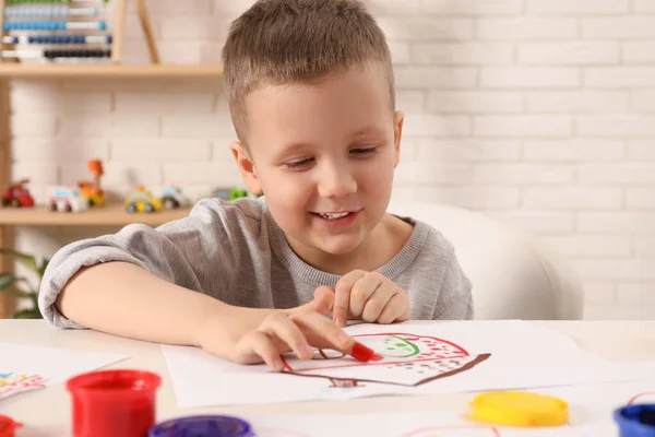 Little Boy Painting Finger White Table Indoors — ストック写真