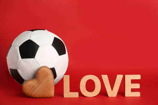 Soccer Ball Word Love Heart Red Background Space Text — Foto de Stock