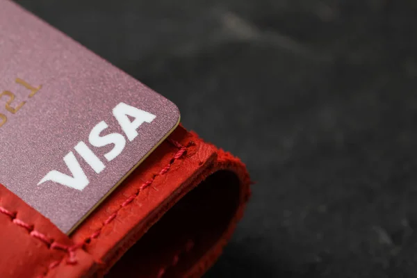 Mykolaiv Ukraine February 2022 Wallet Visa Credit Card Black Table — 스톡 사진