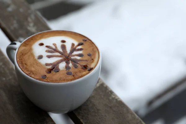 Cup Aromatic Coffee Wooden Bench Outdoors Winter Closeup Space Text — Zdjęcie stockowe