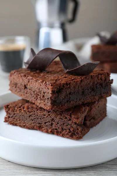 Delicious Chocolate Brownies White Table Closeup — стоковое фото
