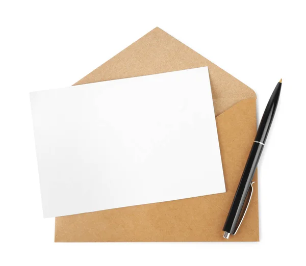 Brown Envelope Blank Letter Pen White Background Top View — Stock fotografie