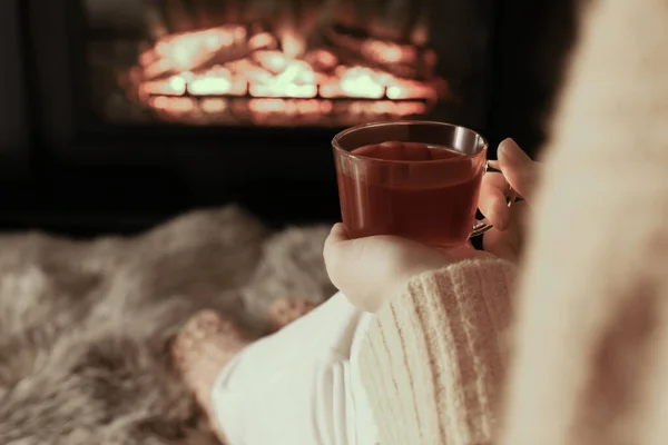 Woman Cup Tea Resting Fireplace Home Closeup — Stock Photo, Image