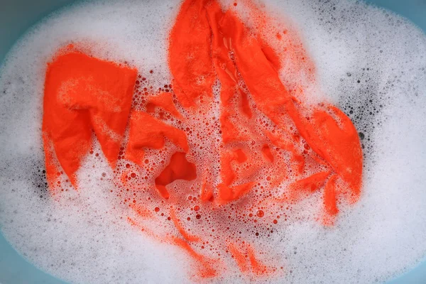 Orange Garment Suds Top View Hand Washing Laundry — Photo