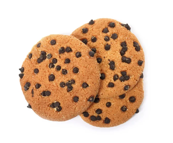 Lezzetli çikolatalı kurabiye beyaz arka planda, üstten görünüm