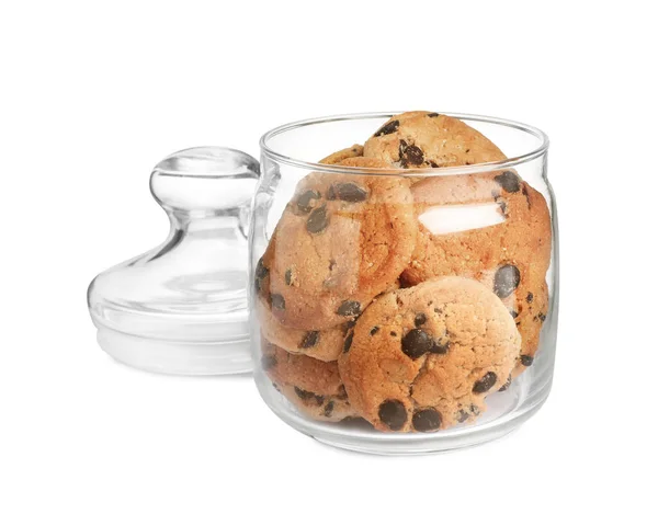 Jar Chocolate Chip Cookies White Background — Zdjęcie stockowe