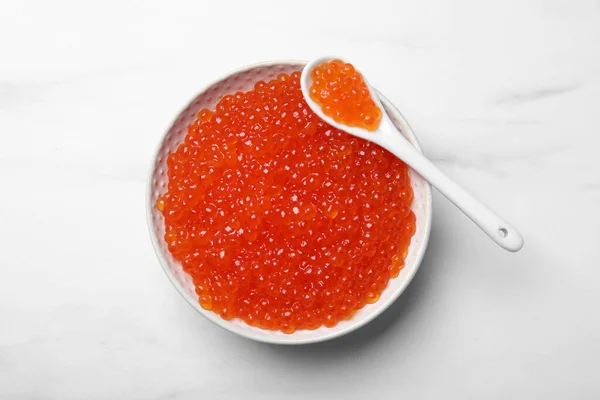 Bowl Spoon Delicious Red Caviar White Table Top View —  Fotos de Stock