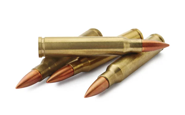 Många Kulor Vit Bakgrund Militär Ammunition — Stockfoto