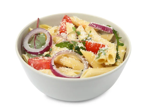 Bowl Delicious Pasta Tomatoes Onion Cheese White Background — Foto de Stock