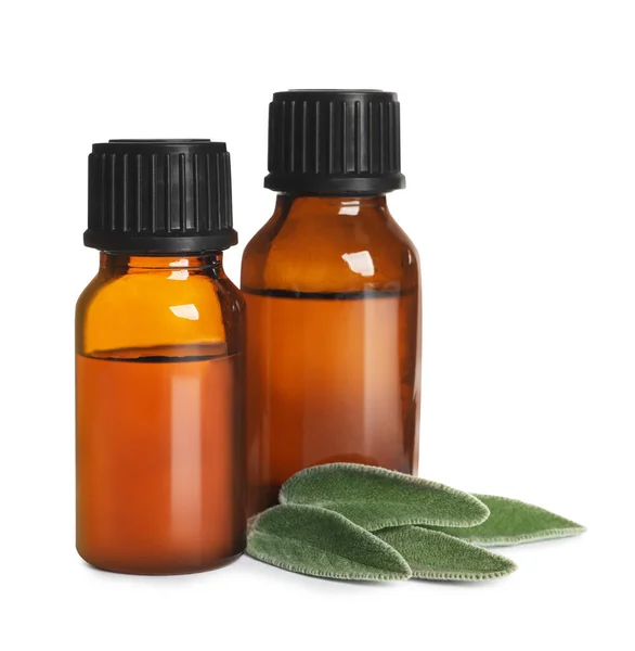 Bottles Essential Sage Oil Leaves White Background — Zdjęcie stockowe