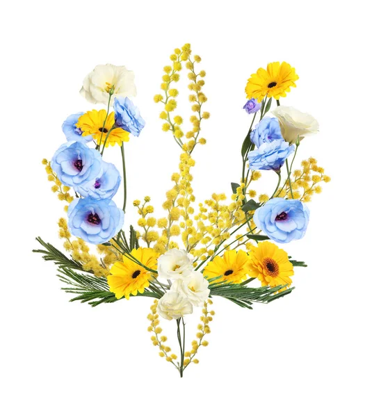 Coat Arms Ukraine Made Beautiful Flowers White Background — Stock Photo, Image