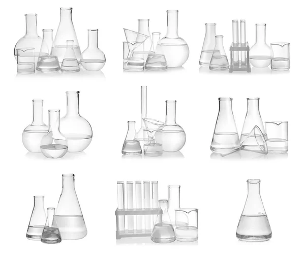 一套白色背景的不同实验室玻璃器皿 — 图库照片