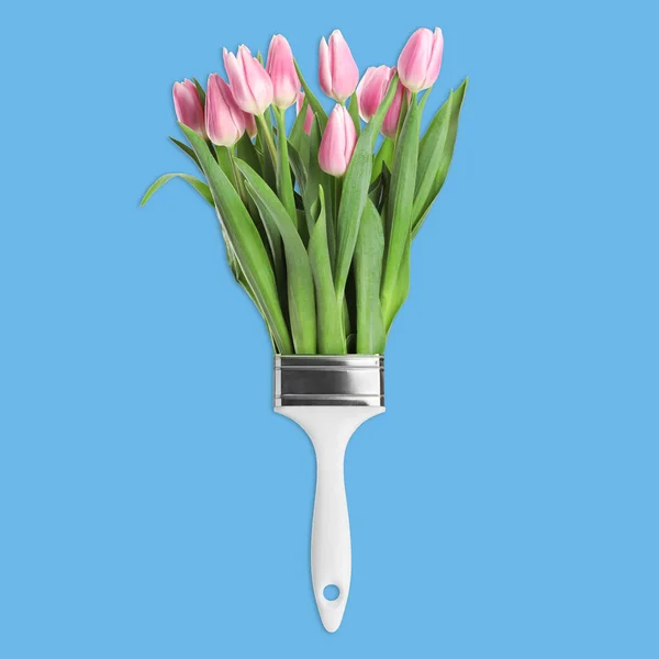 Creative Design Paint Brush Beautiful Tulips Turquoise Background Spring Coming — Fotografia de Stock