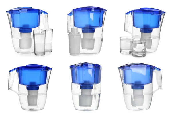 Set Water Filter Jugs Glasses White Background — Fotografia de Stock
