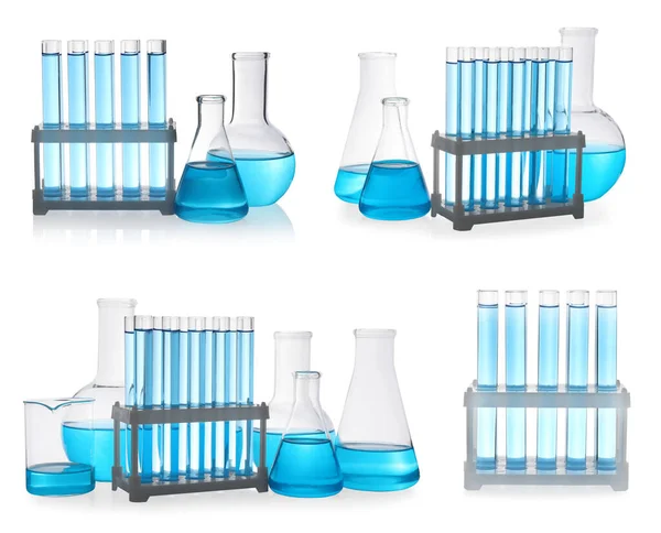 Різні Лабораторні Скляні Вироби Світло Блакитними Зразками Білому Тлі Колаж — стокове фото