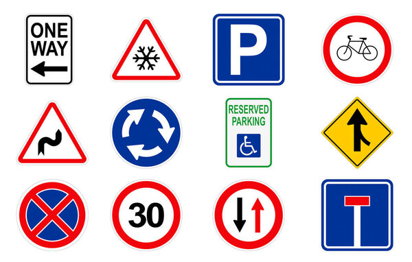 Set with different traffic signs on white background. Illustration