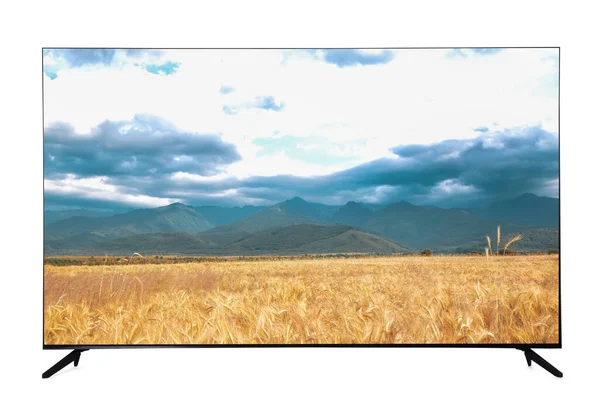 Современный Широкоэкранный Телевизионный Монитор Живописным Видом Пшеничное Поле Облачное Небо — стоковое фото