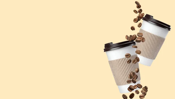 Coffee Banner Design Paper Cups Roasted Beans Flying Beige Background — 스톡 사진