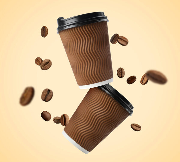 Coffee to go. Paper cups and roasted beans flying on beige background