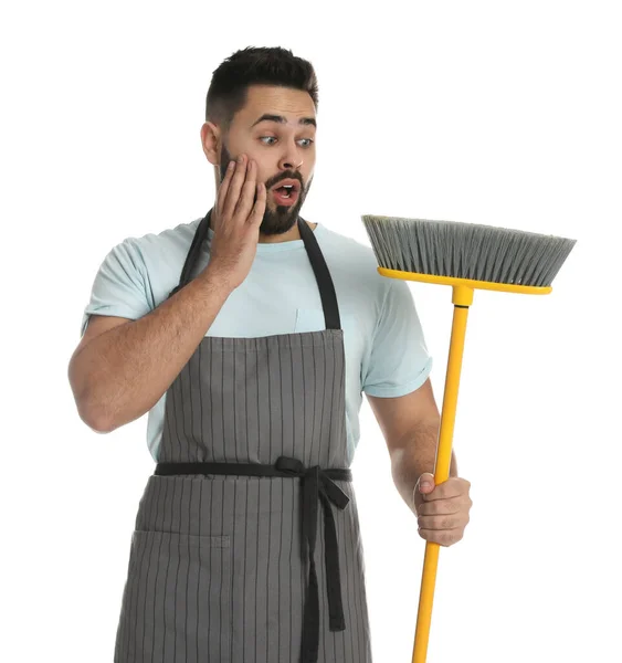 Emotional Young Man Yellow Broom White Background — Foto Stock