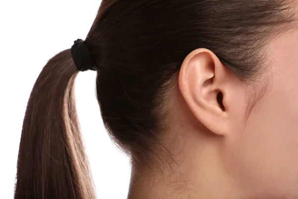Woman White Background Closeup Ear — 스톡 사진