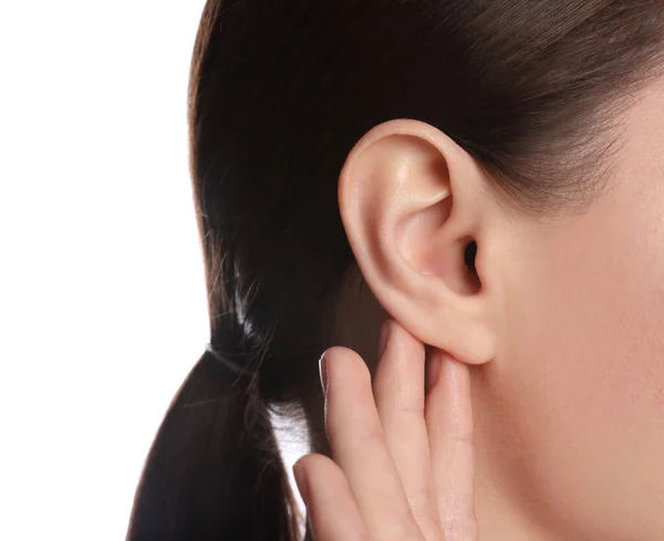Woman Showing Hand Ear Gesture White Background Closeup — Fotografia de Stock