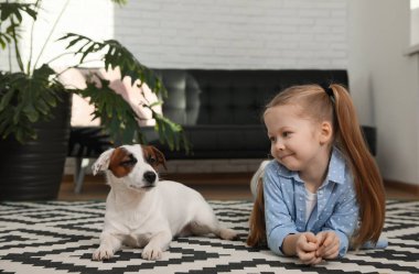 Evdeki halıda köpeği olan sevimli küçük bir kız. Çocukluk hayvanı.