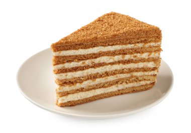Beyaz üzerine izole edilmiş lezzetli katmanlı ballı kek.