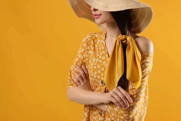 Woman Hat Stylish Bandana Yellow Background Closeup — Fotografia de Stock