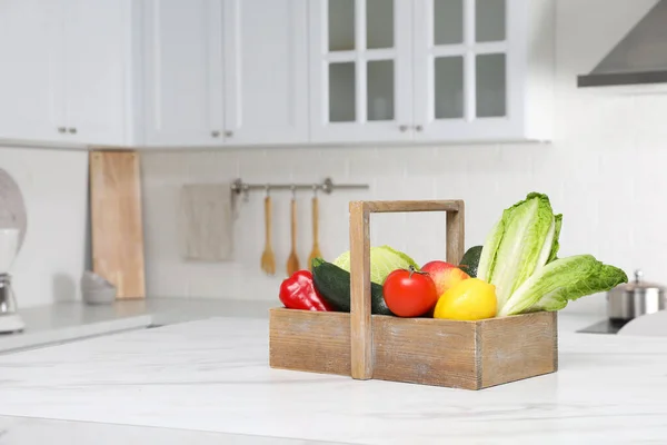 Wooden Crate Fresh Ripe Vegetables Fruits White Table Kitchen Space — Zdjęcie stockowe