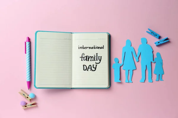 Happy International Family Day Flat Lay Composition Notebook Paper People — Fotografia de Stock