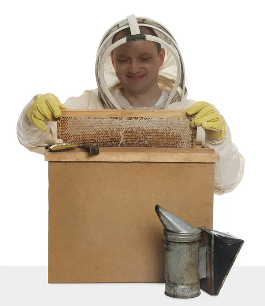 Beekeeper Uniform Taking Frame Honeycomb Out Wooden Hive White Background — Foto de Stock
