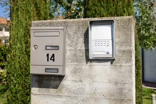 Mail Box Intercom Grey Concrete Wall Outdoors — 스톡 사진