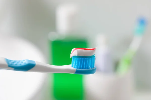 Toothbrush Paste Blurred Background Closeup — Stock Photo, Image