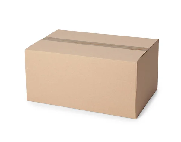 Uma Caixa Papelão Fechada Isolada Branco — Fotografia de Stock