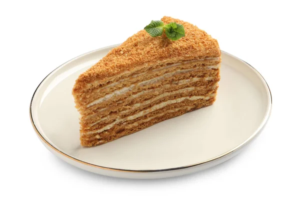 Snijd Van Heerlijke Honingcake Met Munt Geïsoleerd Wit — Stockfoto