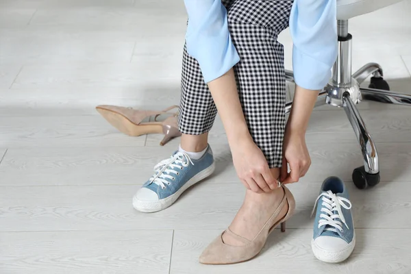 Woman Changing Shoes Workplace Office Closeup — Stock Photo, Image