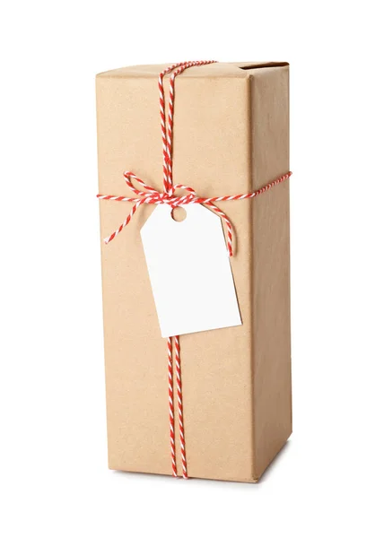 Gift Box Wrapped Kraft Paper Bow Tag Isolated White — Stock Photo, Image