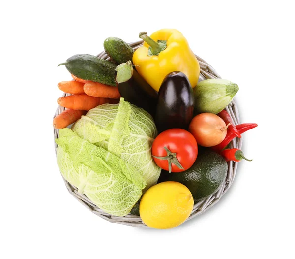 Wicker Basket Fresh Ripe Vegetables Fruit White Background Top View — Stock Photo, Image