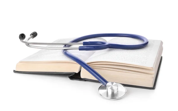 Libro Testo Stetoscopio Aperto Studenti Sfondo Bianco Educazione Medica — Foto Stock