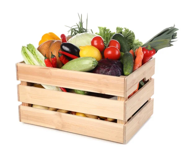 Fresh Ripe Vegetables Fruit Wooden Crate White Background — Stock Photo, Image