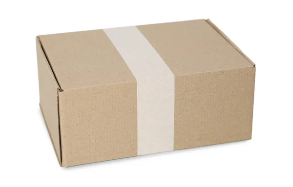 One Closed Cardboard Box Isolated White — Stock Photo, Image