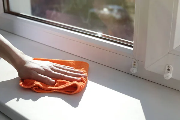Woman Cleaning Window Sill Rag Home Closeup Space Text — Fotografia de Stock