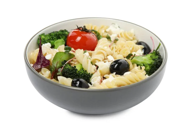 Bowl Delicious Pasta Tomatoes Olives Broccoli White Background — Photo